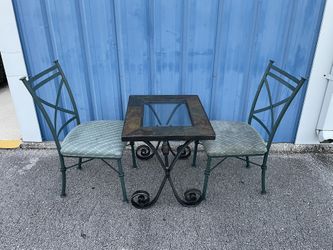 Porch Table & 2-Chairs-(glass top marble real heavy cast iron and marble top)- Used / Set