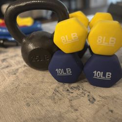 Set Of Workout Equipment (25 Lb Kettle Bell, 8lb Weight Set And 10 Lb Weight Set) 