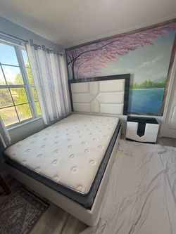Queen Bed Frame with Upholstered Headboard