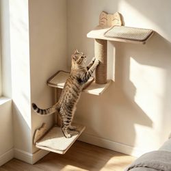 Wall-Mounted Cat Tree with Sisal Scratching Posts & 3 Shelves