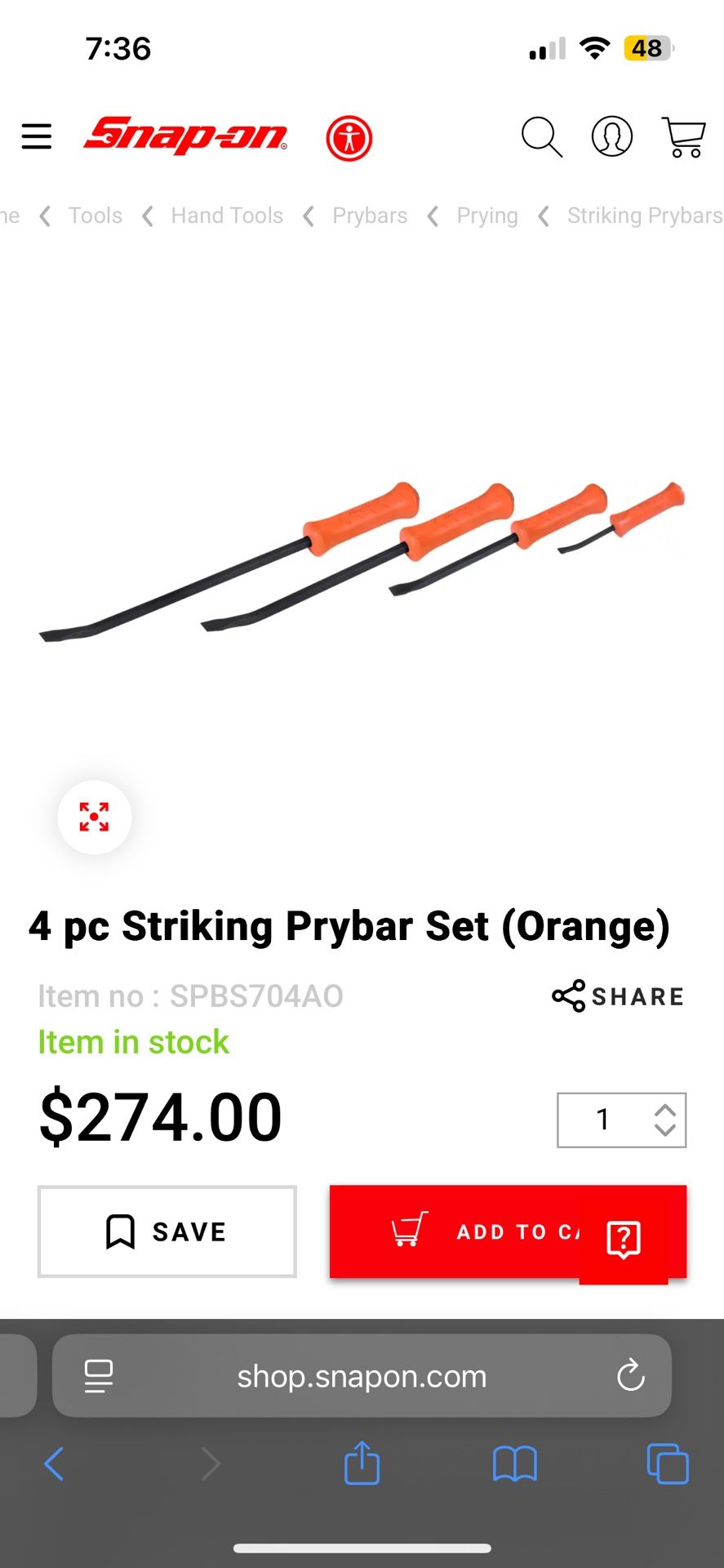 Snap-on SPBS704AO 4-Piece Striking Prybar Set Heavy Duty Orange Handle USA Made