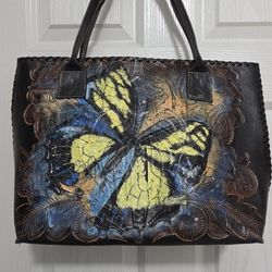 COPILLI hand tooled Leather Purse Tote Bag with Yellow Butterfly