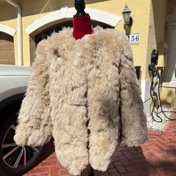 100% Natural Tigrado Wool Coat Women's One Size Fur Lined beige