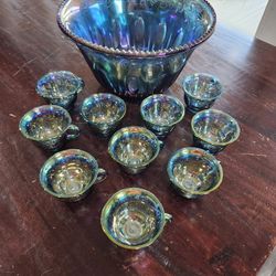 Beautiful Indiana Glass Harvest Grape Blue Carnival Glass Punch Bowl Set with 10 cups