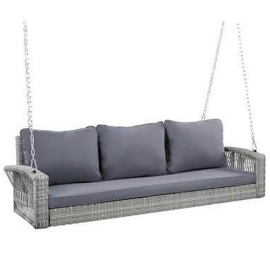 New Assembled 3-Person PE Rattan Porch Swing with Cushions & Chains 69" Outdoor Patio Hanging Swing