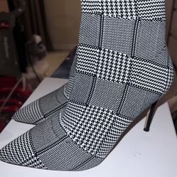 Black And White Plaid Heel Boot