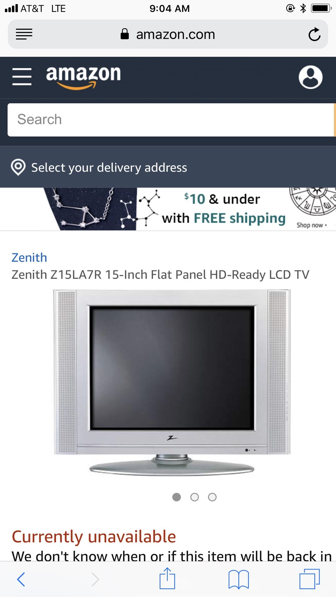 Zenith 15” flat screen TV with remote