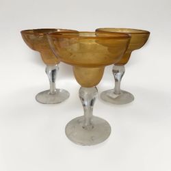 Hand Blown Bubble Glass Amber Margarita Glasses Set of 3