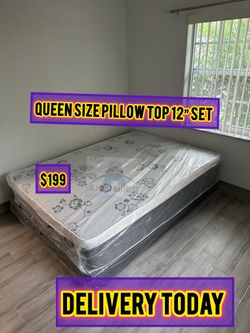 Queen mattress pillow top set with box spring (2pc - new)