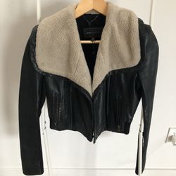 BCBG Max Azria Sherpa Lined, Cropped Leather Aviator Bomber Jacket