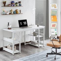 48 Inch Small Computer Desk with Power Outlets & USB Charging Port, Home Table with Storage Shelves, Student Laptop PC Desks for Small Spaces Home Off