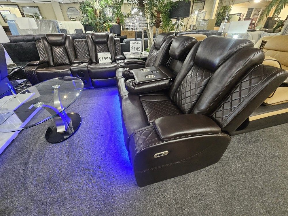 Brand New Brown Synthetic Leather LED Power Reclining Sofa + Loveseat With Cup Holders, USB, Wireless Charging, And Storage