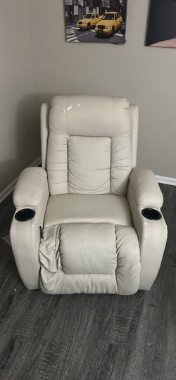 Cream Leather Recliner Chair with Cup Holders
