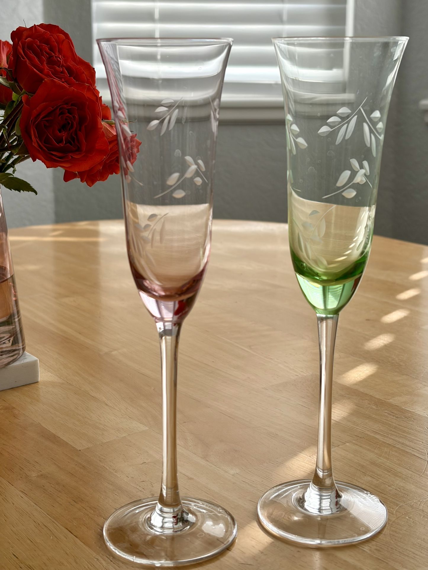 Set Of 3 Etched Champagne Flutes