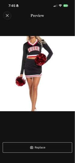 Cheer Set Women’s Medium (8-10) Adult Size 3 Pcs Top, Skirt, Pom Poms Black/red/white made in China, brand modern hero, 3 piece Halloween women’s adul