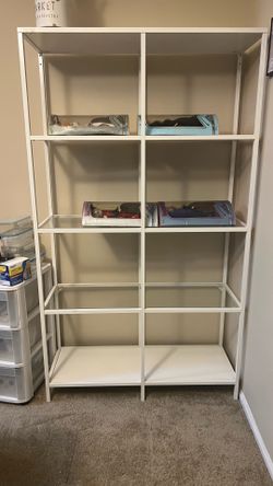 IKEA white metal frame with glass shelves