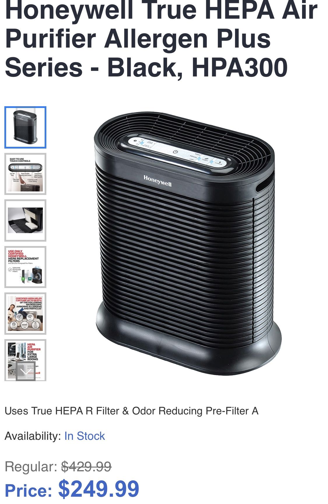 Honeywell True HEPA Air Purifier Allergen Plus Series - Black, HPA300