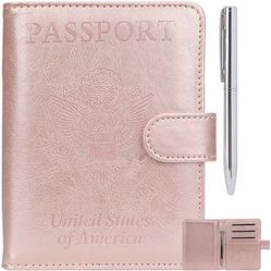 Rose Gold Leather Passport Holder Cover Case RFID Blocking Travel Wallet