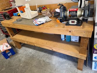 Work Bench 30 1/2” x 72” w ryobi grinder and bench vise