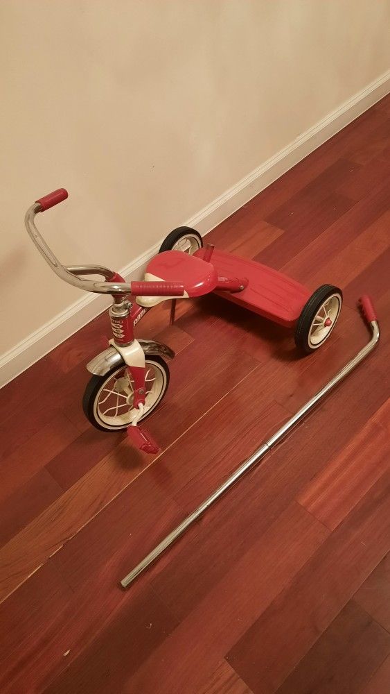 Red Metal Radio Flyer Tricycle With Push Handle