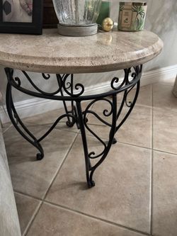 Round Marble Top Wrought Iron Side Table