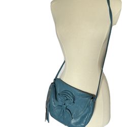  Nashville Tn Vintage 100% Leather Teal Blue Fringe Rose Crossbody Bag 