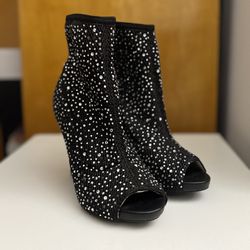 Black High Heels With Gemstones Open Toe