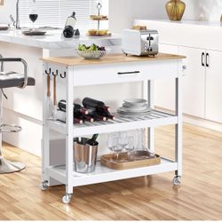 Kitchen Island Cart on Wheels with Bamboo Tabletop, 3-Tier Rolling Kitchen Island Microwave Cart with Drawer, Detachable Towel, 3 Hooks, 17" D x 37.5"