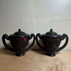 Pair of Vintage Chinese Cinnabar Lacquer Lidded Vases – Black Floral Carving with Blue Enamel Interior – Brass Trim – Mid Century Oriental Decor