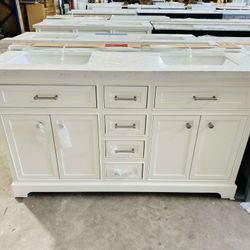 ‼️ Brand New 60 in. W x 23.5 in. D x 3 Bathroom Vanity in White with Marble Top in White  $799 