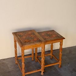 Vintage Danish Oak Nesting Tables with Decorative Tile Inlays