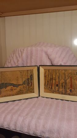 Vintage Snowbound & Red Barn by Grandma Moses Fabric in Original Frame 6"×8" each