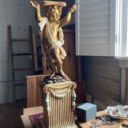 Antique Carved Wood Cherub Statue Pedestal Hand Made Quality Art Gold  Tall Leaf 49”