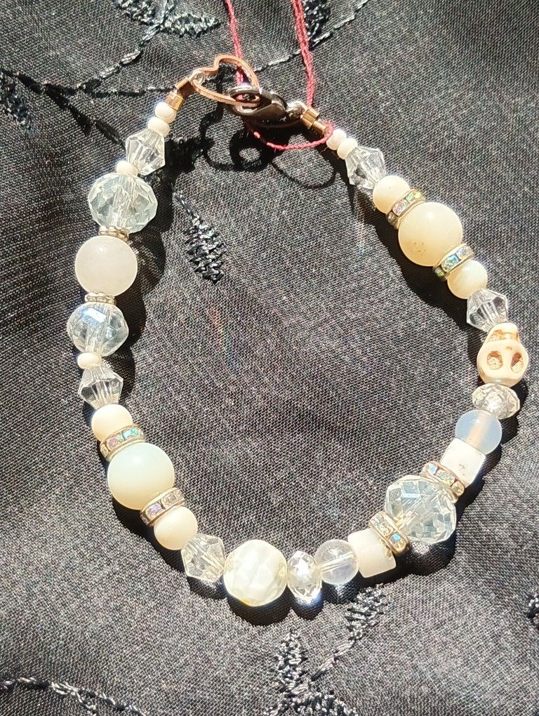 White Glass Bead And Crystal Bracelet 8in.