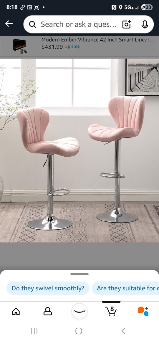Modern Chic Pink Upholstered Swivel Barstools with Footrest, Set of 2.