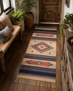 Vintage Native Wool Handcrafted Geometric Woven Desert Boho Woven Rug Decor Accent 24” W x 64” L Accent 