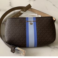 BRAND NEW MICHAEL KORS BROWN LEATHER BELT BAG LOGO BLUE SIZE L/XL NWT