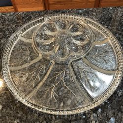 Vintage Indiana Glass Pebble Egg & Horsd’oevres Platter.  Size 13 3/4 inches Wide .  Preowned Excellent Condition .  Has been on display in a cabinet.