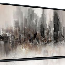 NYC Skyline Abstract Wall Art - Grey & Brown Toned Modern Cityscape Painting, Framed Canvas Print with Brooklyn Bridge, 24x48 Inches for Living Room, 