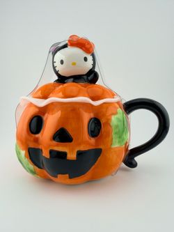 Blue Sky Hello Kitty Sanrio Halloween Pumpkin Figural Mug Cup with Lid NEW