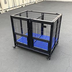 New $130 Folding Dog Cage 37x25x33” Heavy Duty Double-Door Kennel w/ Divider, Plastic Tray 