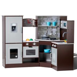 489#Corner Wooden Play Kitchen with Interactive Sounds & Lights, Brown
