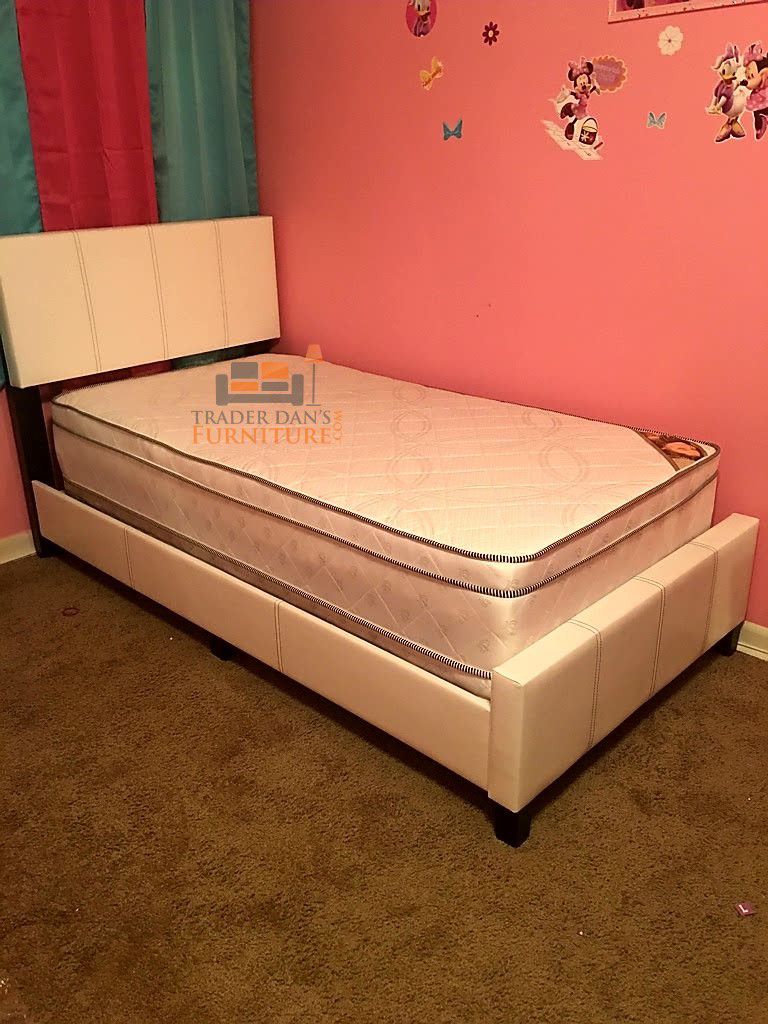 Brand New Twin Size White Leather Platform Bed Frame +Pillowtop Mattress 