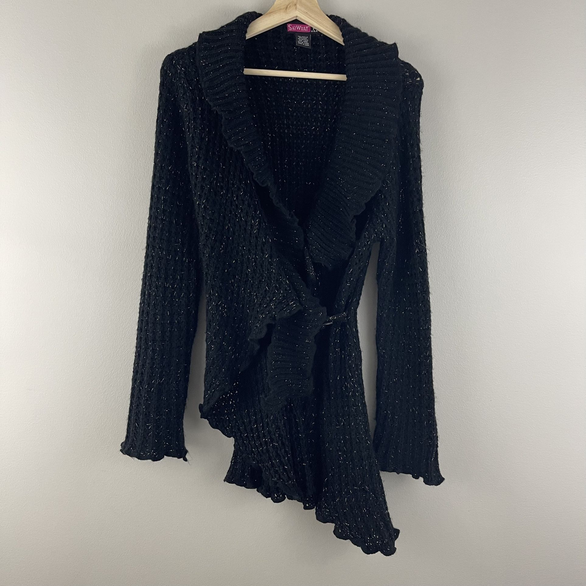 SAY WHAT? Vintage Y2K 2000 Black Crochet Knit Asymmetrical Hem Cardigan Sweater
