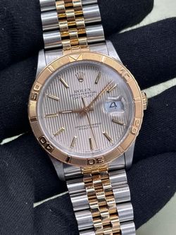 Rolex 16263 Two Tone 36mm Datejust Turn-O-Graph Silver Tapestry Dial