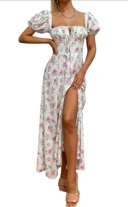 Women Summer Puff Sleeve Off Shoulder Floral Flowy Long Maxi Dress