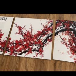 Three Panel Japanese Cherry Blossom Art