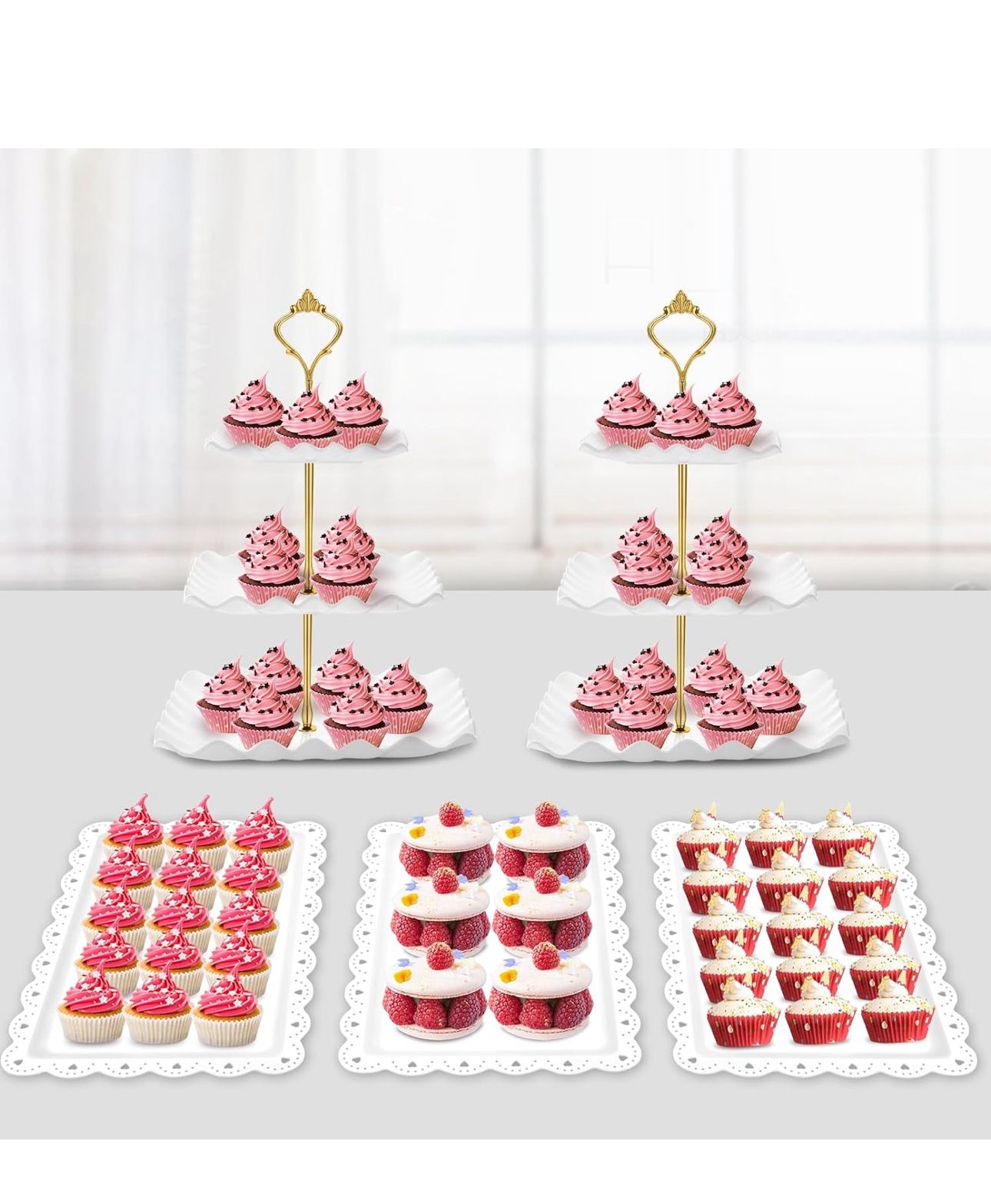 5 Pcs Dessert Table Display Set - 2 X Cupcake Stand Holder/Cup Cake Tier Tower & 3 X Serving Tray Combo for Tea Party, Birthday, Baby Shower (Wave Squ