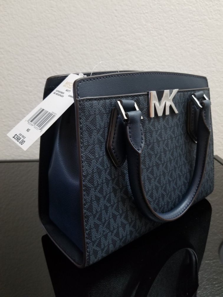 Michael Kors Mott medium messenger bag mk signature PVC leather satchel blue admiral $100