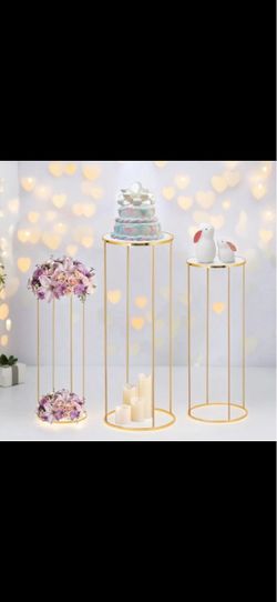 3pcs Gold Metal Plant Stand, Cylinder Pedestal Stands for Party, Metal Plant Columns Pedestal Stands for Display, Round Cylinder Columns tables for We